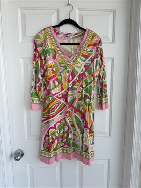 Vivid Pink & Green Printed V-Neck Midi Dress